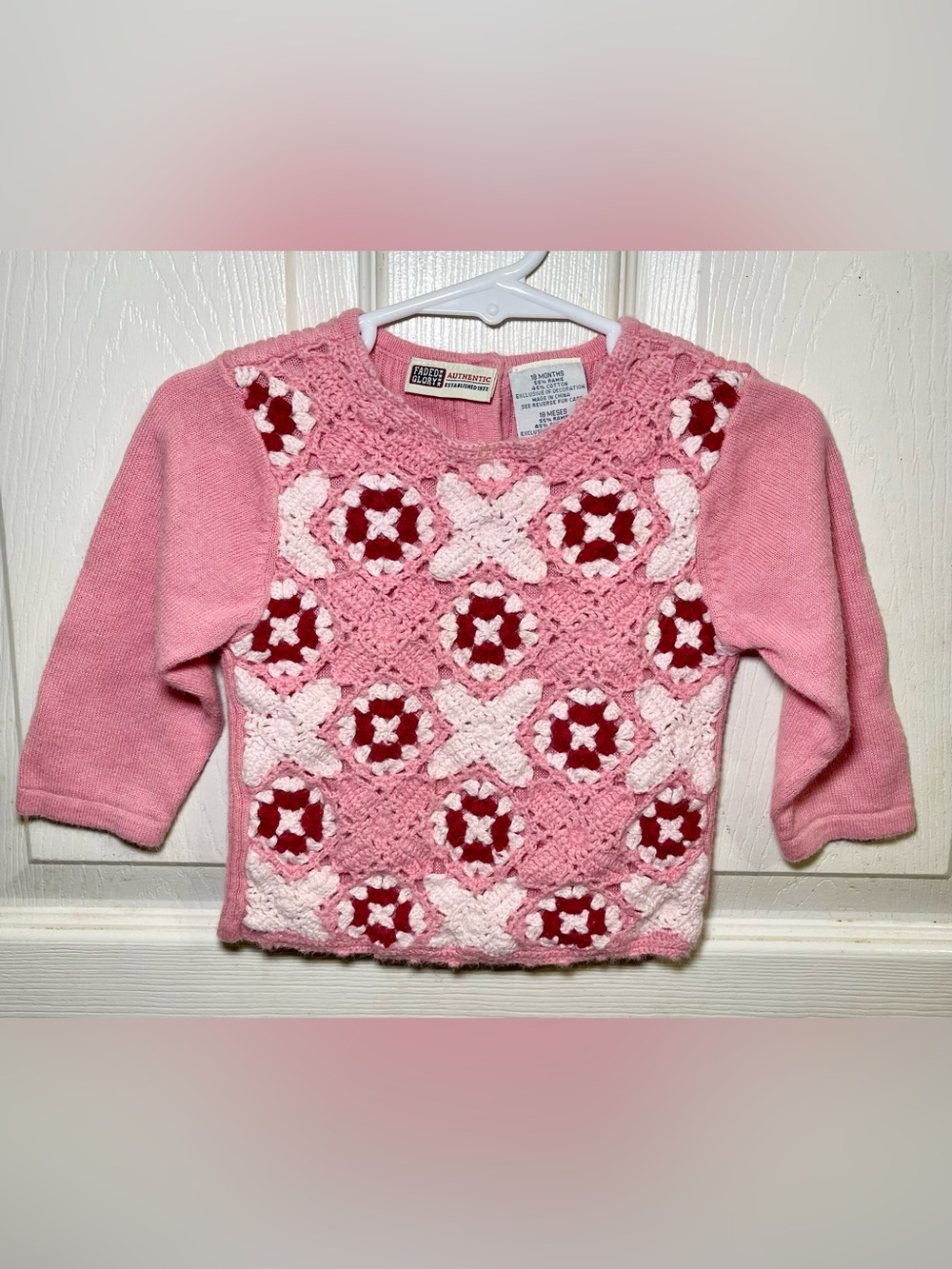 Vintage 1999 Faded Glory Pink Crochet Granny Square Baby Sweater 18M